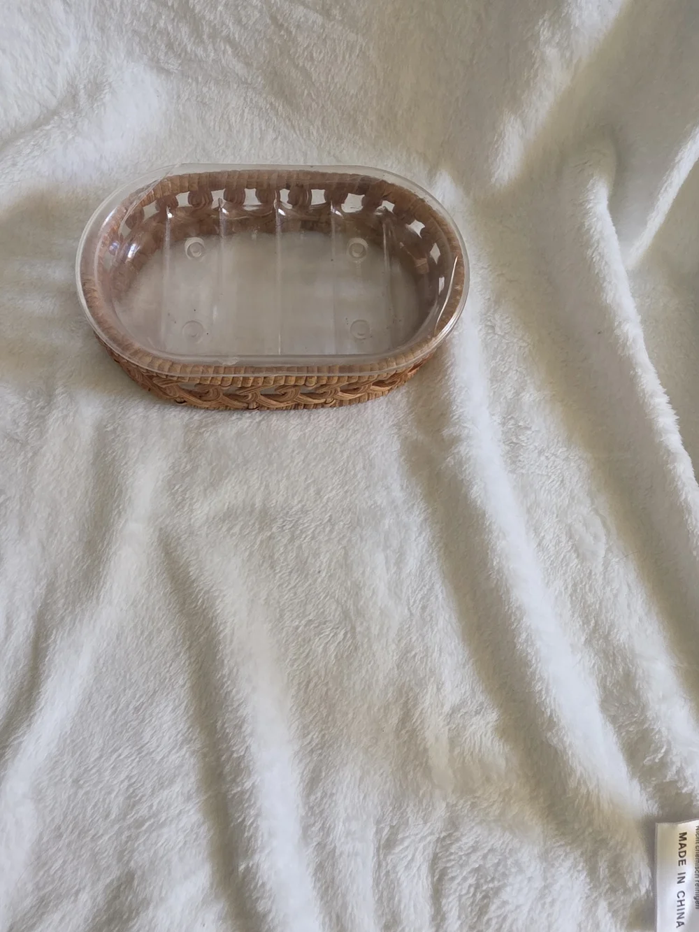 Woven Rattan Oval Soap Dish With Basket Base And Clear Soap Holder - Natural Tan